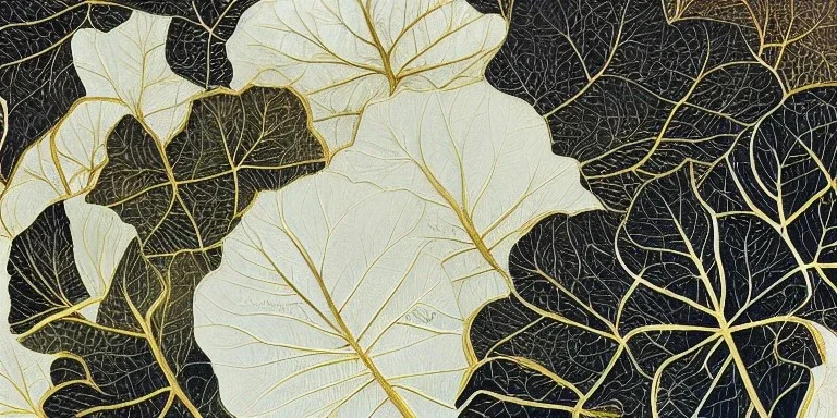 herbarium page, highly detailed, ( ( fantasy plants ) ), thin gold details, cool white, ( black background ), intricate digital painting by denis sarazhin, victo ngai, post processing, color grading