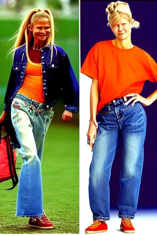 year 1996 denim fashion. Loose fit, low waist, baggy. Colors: denim blue, blue, purple, khaki, light green, lilac, plum, orange, terracotta, red, pink, dark blue, beige. Women models. Jennifer Lopez, Gwyneth Paltrow, . Big tennis shoes on.