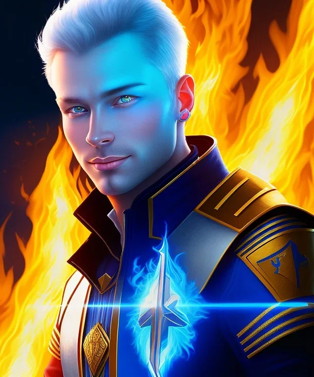 A portrait of a flaming male character with blue flames