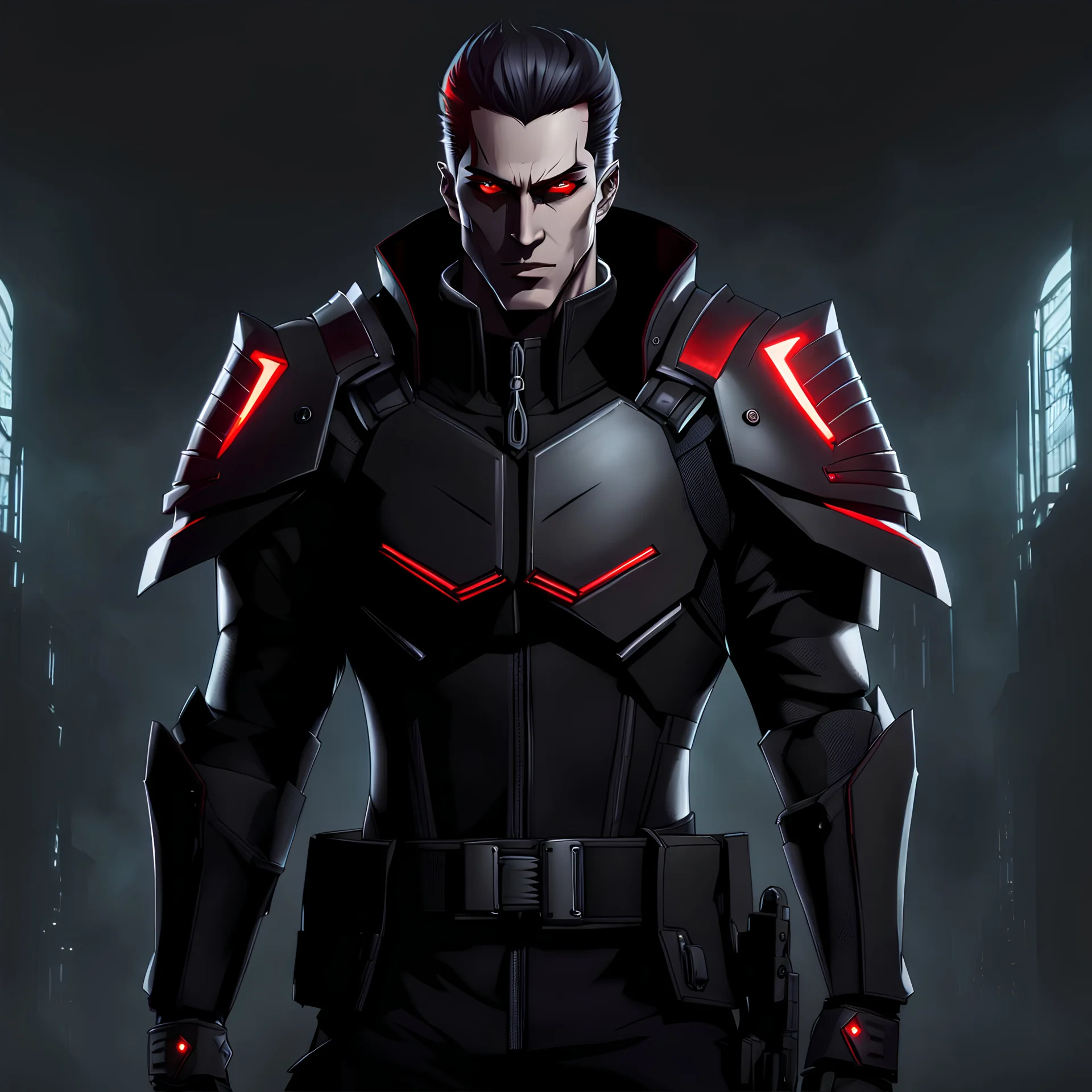 tall mysterious male vampire wearing kevlar body armor, red eyes, shoulder length hair, cyberpunk background, dark and intriguing, confident, intense, handsome, anime style, video game characer, trending ArtStation, trending DeviantArt