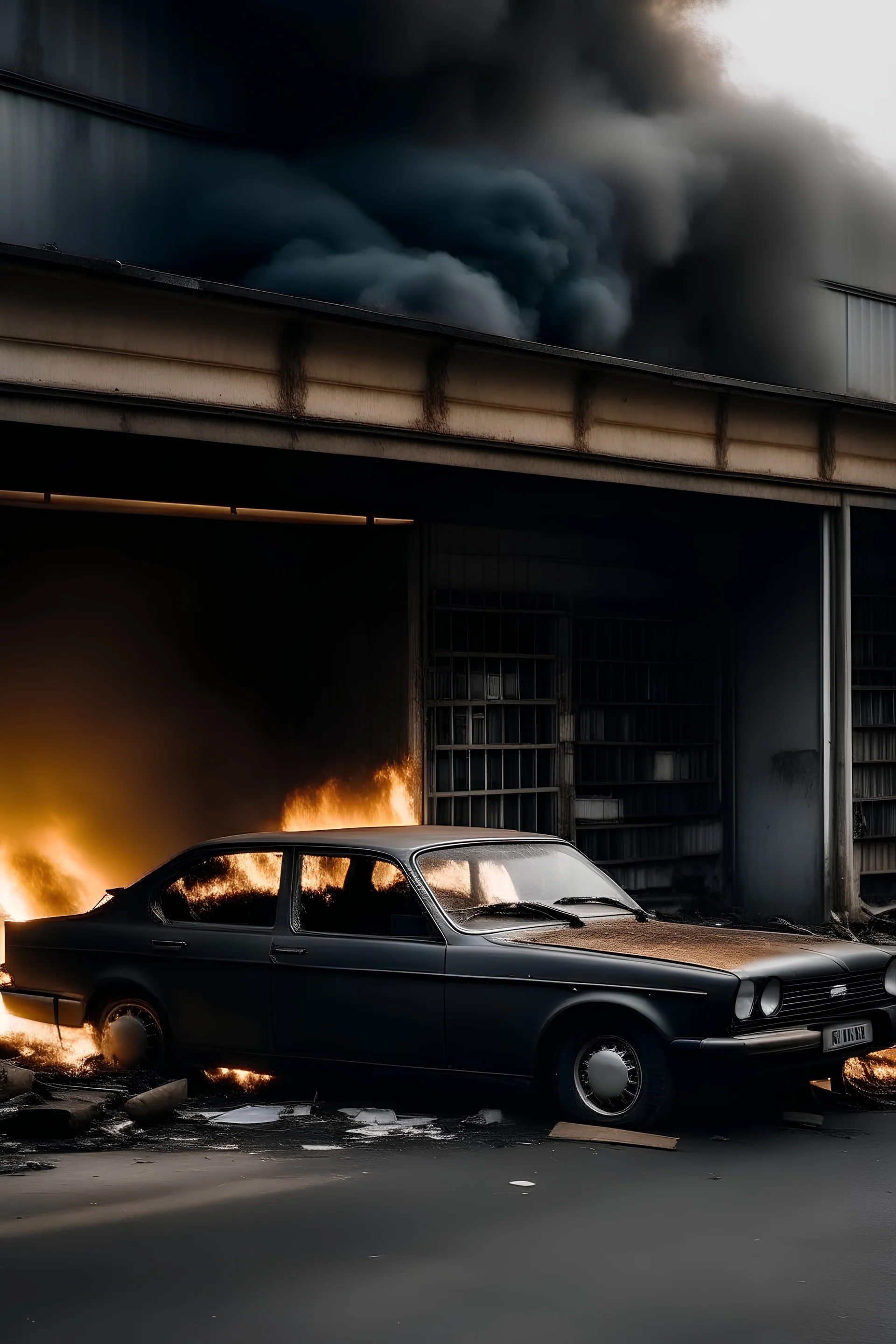 Picture of a coal store with a burning car