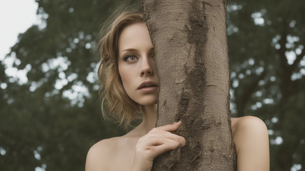 young woman encased and growing out of a tree