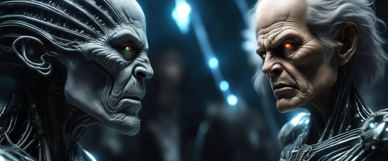 Close-up confrontation between an ancient alien outcast leader and a space broker, standing only a meter apart, intense eye contact, glowing crystalline rod between them, anger mixed with sadness, dramatic facial expressions, shallow depth of field, cinematic lighting, stylized 3D anime, airbrush painting, crisp outlines, hr giger and rembrandt and titian