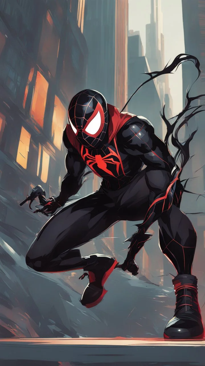 miles morales mix with venom symbiote in solo leveling shadow artstyle, Street boy them, intricate details, highly detailed, high details