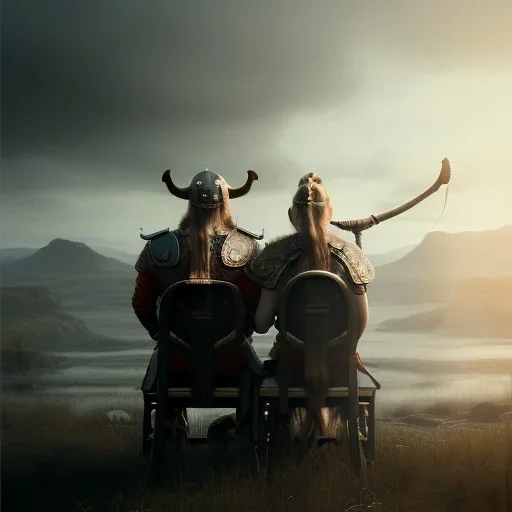 Viking theme, a younger woman sitting next to a 50-year-old man, portrait, 8K, close-up face, anatomically perfect face, Highly detailed stunning full frame portrait, misty and cloudy atmosphere