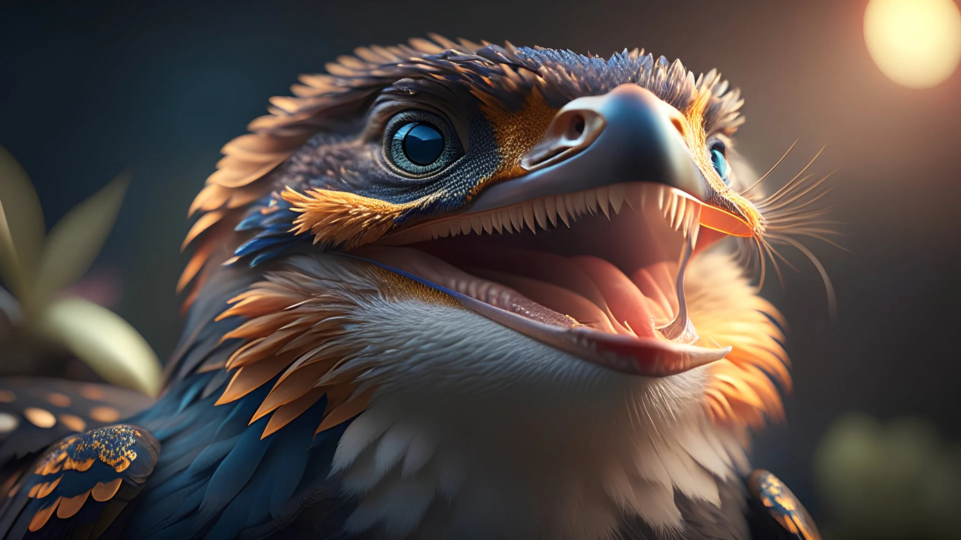 Photoreal bird that smiles with sharp teeth cinematic lighting