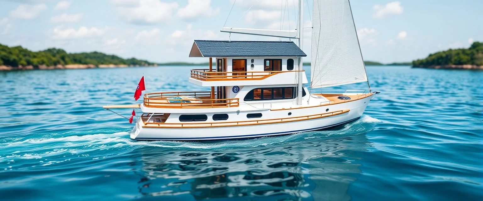 doll house by water with doll cabin cruiser and katamaran