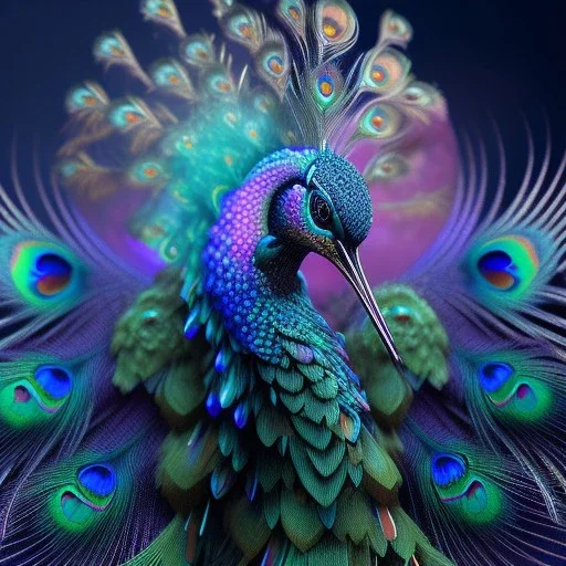 peacock, humming bird, fantasy art, Unreal Engine 5, lens macro,sharp focus, realistic, hyper detailed, studio lighting, neon light ambient, crystalized