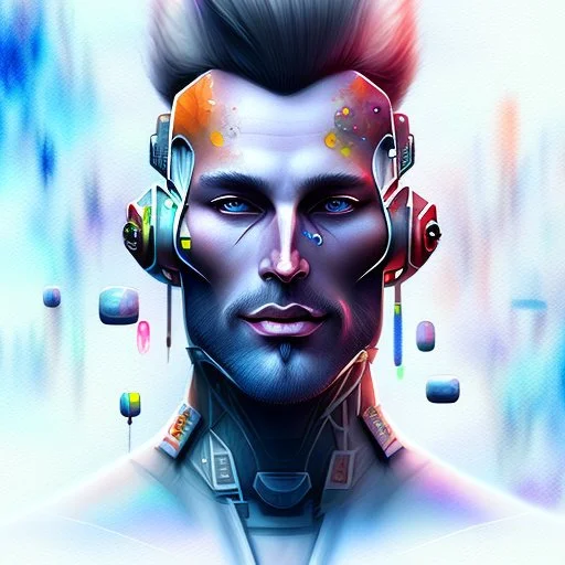 Male cypebpunk character connected to AI exploring other AI - Watercolour and Watercolour Painted Style - Jenny Rainey Style