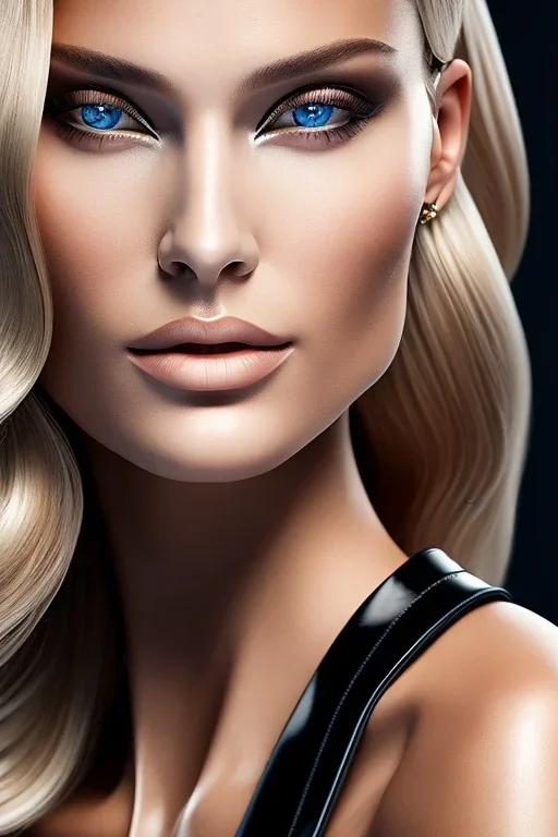 A portrait of a beautiful curvatious blonde woman, wearing black leather. Drawing, high quality, Ultra quality 8k.