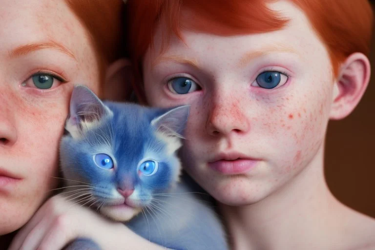 young red haired child with blue eyes lovingly cradles a regal blue eyed Siamese kitten in her arms, the two of them exuding an air of peace and grace. Modifiers: Award winning photography fantasy oil on canvas photorealistic very attractive dynamic lighting fantastic view ultra detailed cinematic postprocessing VRay neon Iridescent aesthetically perfect facial features Tesselated