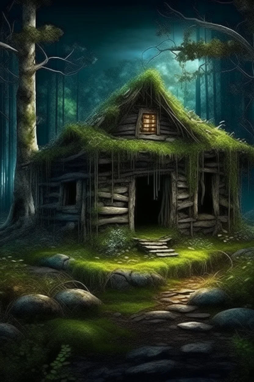 magic fabulous forest, old dilapidated hut in the forest, moss on the ground, fantasy, photorealism, clear drawing of all details, dark, night, moonlight, mysticism