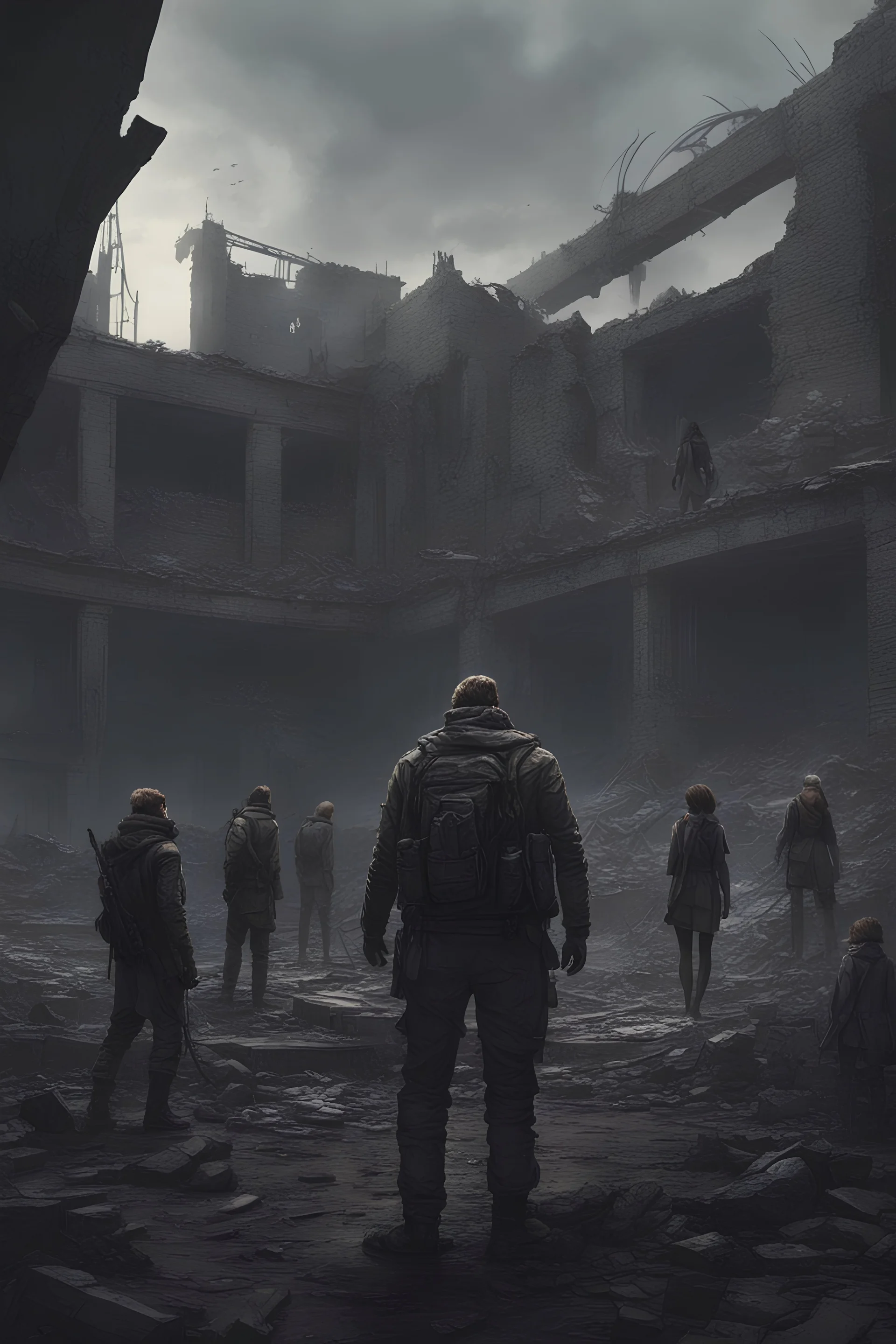 group of survivors standing in the ruins, post-apocalyptic, concept art