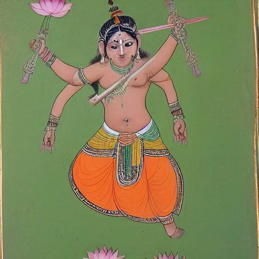 cow with hands and wings holding a lotus and sword in Indian painting style