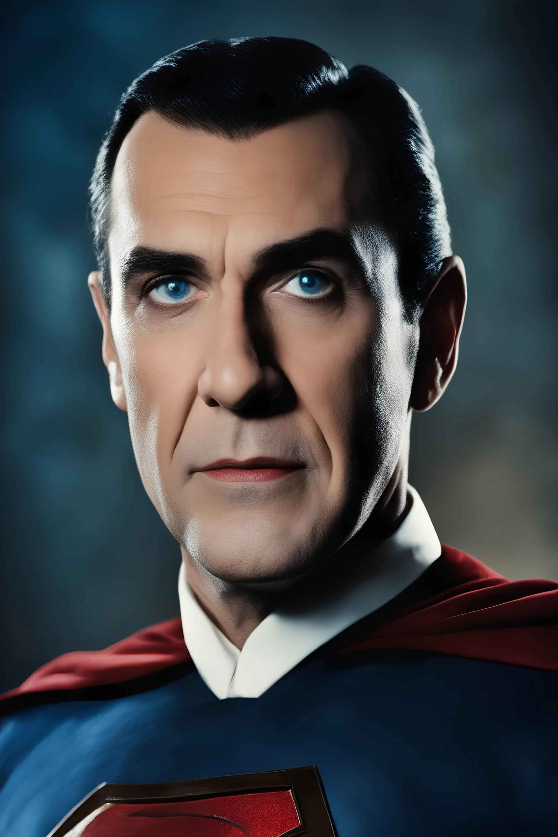 Bela Lugosi as Count Vamperini Superman - Blue eyes - full color - 32k, UHD, 1080p, 8 x 10, glossy professional quality digital photograph - dark foggy gradated background, historic, powerful, octane rendering, exquisite detail, 30 - megapixel, 4k, 85 - mm - lens, sharp - focus, intricately - detailed, long exposure time, f8, ISO 100, shutter - speed 1125, diffuse - back - lighting, ((skin details, high detailed skin texture)),