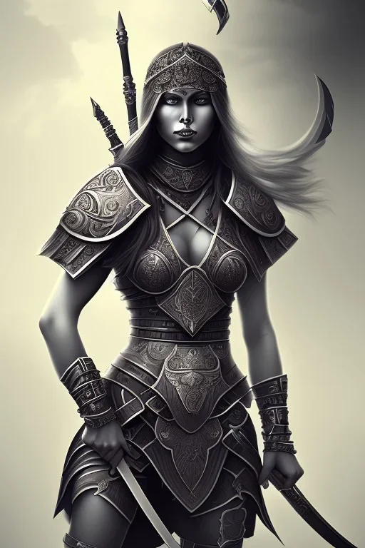 lady warrior with white top and black eyes and flower