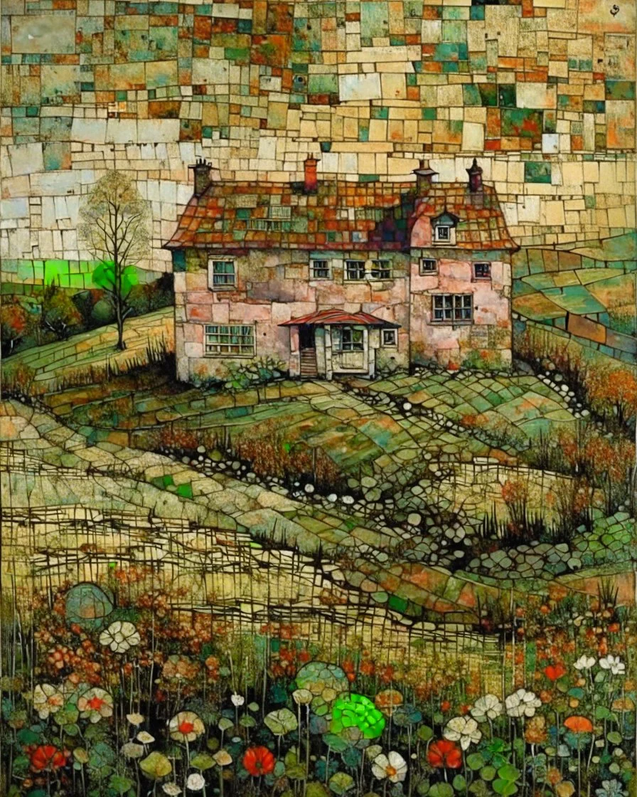 A house on the Hill. Life and times, patchwork art by Jamie Heiden, Peter Doig, Renoir, Pol Ledent, Endre Penovac Modifiers: portrait acrylic art surreal Arthur Rackham Optical illusion Debehsque