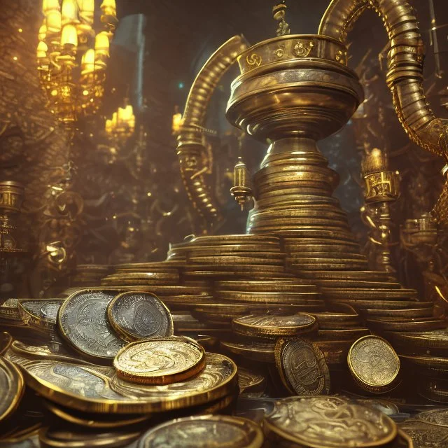 dynamic lighting, Intricately detailed, Splash screen art, deep color, Unreal Engine, volumetric lighting, silver coins, gold coins, silver treasure, stacked coins, indoors, altar, black table, sigil, shiny, steampunk, steam punk,