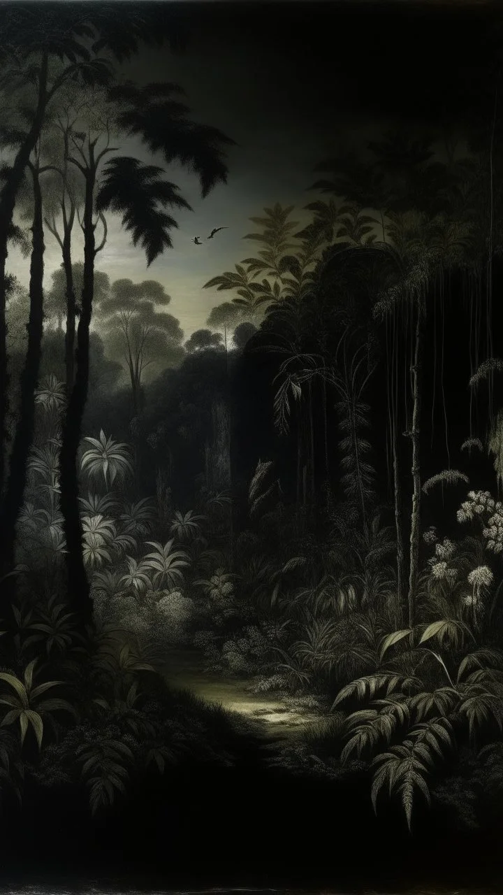 A black dark thicket designed in Javanese shadow puppets painted by George Inness