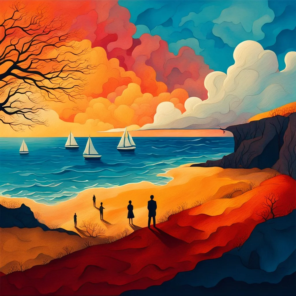 Vibrant painterly illustration, symbolic geometric realism. A surreal coastal landscape divided between land and sea. On a dark cliff in the foreground stands a leafless tree with delicate branches; nearby, small human figures appear as silhouettes. Sailboats float on a gently moving sea, their shapes simplified and graphic. Strong contrast between warm and cool tones, high color saturation, luminous pigments. Clearly painted surface with visible brushstrokes, flat yet textured color fields, han