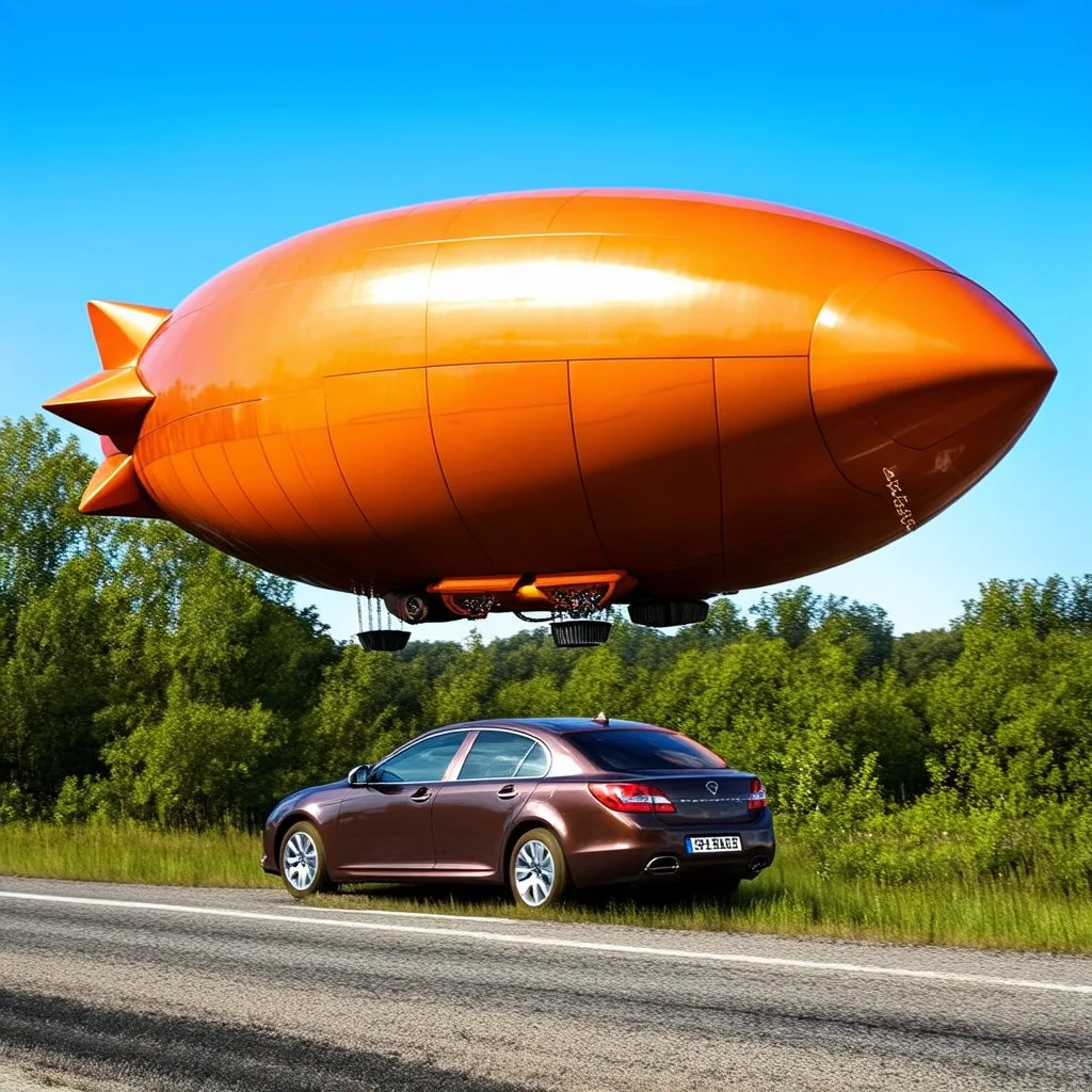 award winning photograph of a steampunk house-fly ufo dirigible designed by only one vehicle per image painted metallic orange traveling at a high rate of speed, jet intake off of front center of vehicle and jet exhaust out the rear bilaterally symetrical, more a high speed road vehicle