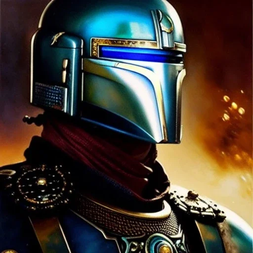 Jango Fett helmet, ancient metal helmet ,painting by gaston bussiere, greg rutkowski, yoji shinkawa, yoshitaka amano, tsutomu nihei, donato giancola, tim hildebrandt, oil on canvas, cinematic composition, extreme detail,fit full head inside picture,