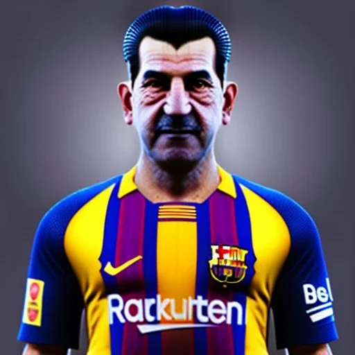 portrait of sadam hussain, head and torso, fc barcelona jersey number 1 0, dark blue, maroon red, unreal engine 5, trending on artstation, octane render