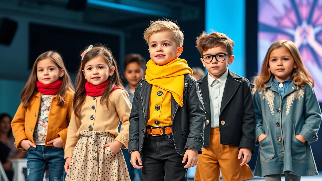 a luxury fashion show of 6-8 old years children showing modern clothing
