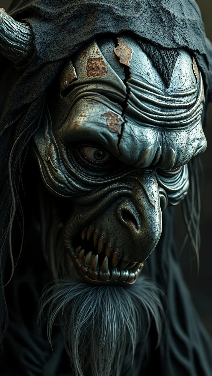 Busch painting style nightmare, a zoomed 3/2 view of a witch by his face skin is a rusted broken metallic skin texture in a 3d rendering full-height image of a grim and dark scene. Ensure the final images exhibit the utmost quality, encompassing 4K, 8K, and 64K resolutions, with 3D rendering that manifests in photorealistic, hyperrealistic, and highly detailed representations. Employ techniques such as HDR, UHD,