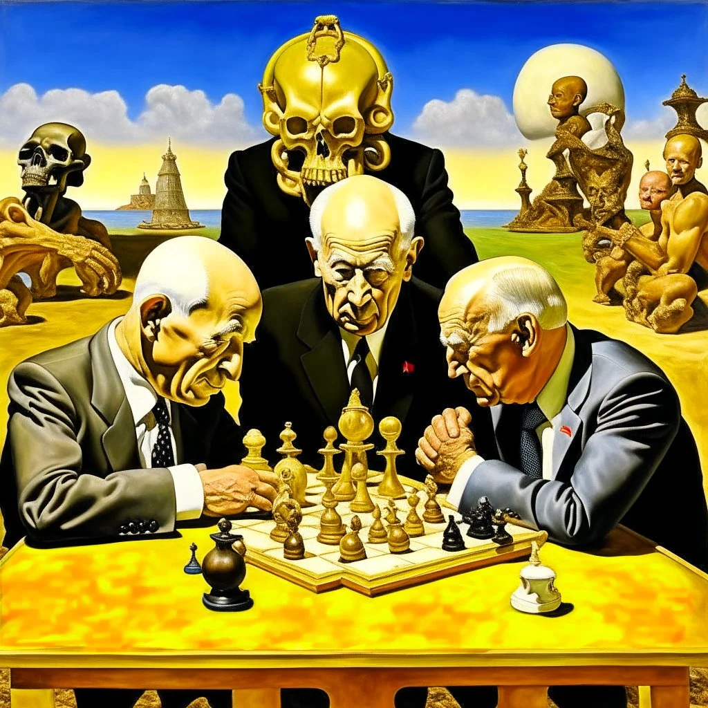 Putin, President Xi Of China And Joe Biden Play Chess With A Pigeon,Ufo And Atomic Bomb Mushroom Cloud,Complex Surgical Instruments Intermixed With A Newborn Boy,Minimalism,Painting By Adrian Ghenie,Rene Magritte,Pablo Picasso,Michelangelo,Salvador Dali,Lucian Freud