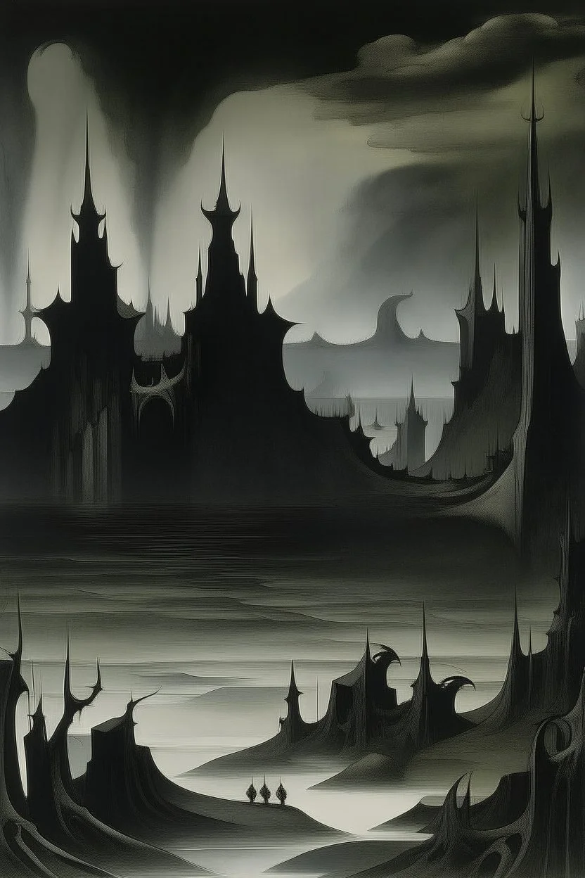 A black gloomy isles with shadow monsters painted by Raymond Duchamp-Villon