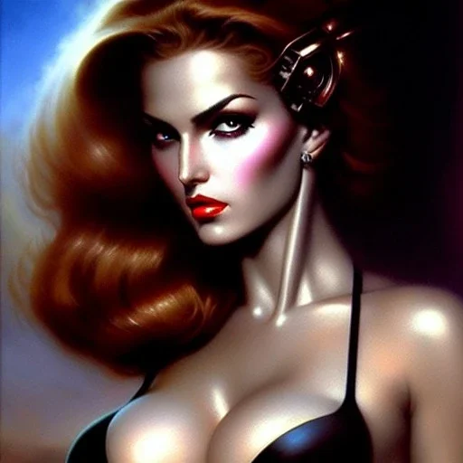 portrait of beautiful busty Retro Futuristic Pin-Up painting by azpiri,Brom,Luis Royo,evan lee oil on canvas, cinematic composition, extreme detail,fit full head inside picture