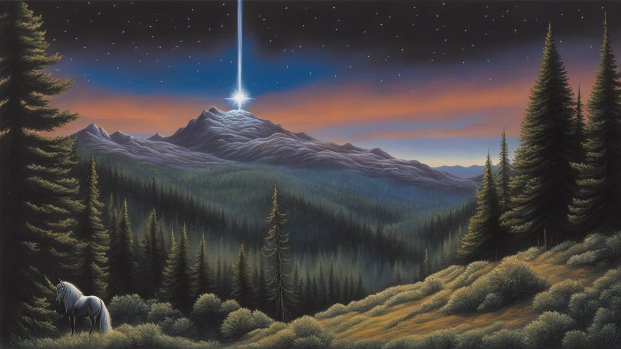 A stunning night sky seen from the bottom of a deep valley. a dying star. a black unicorn. Painted by Larry Elmore.