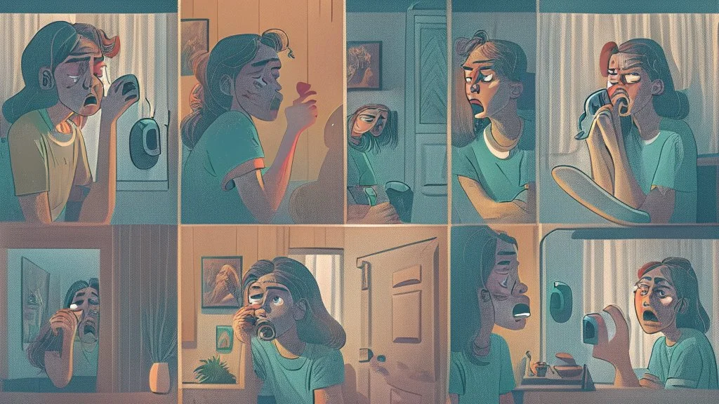 8 panels showing 8 different people in their house talking on the phone getting upset