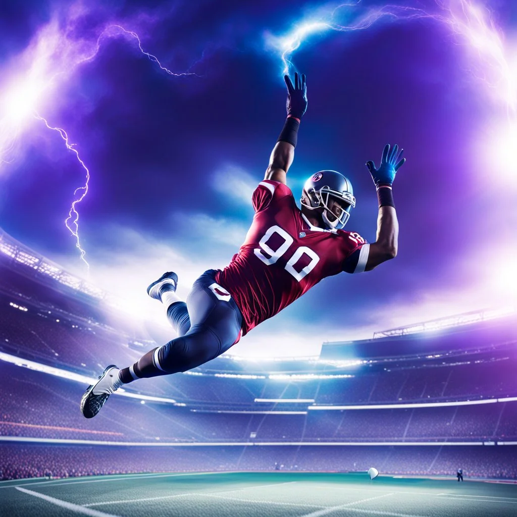 smooth infinity symbol ∞ on shirt, American football player diving with an American football in both hands to score, striking, vibrant, chiaroscuro, dramatic, captivating, powerful, fantasy, beautiful, octane render, 16k post-production, artstation: award-winning: atmospheric: commanding: fantastical: clarity: ultra quality: striking: brilliance: stunning colors: amazing depth; lens: f/11, 35mm