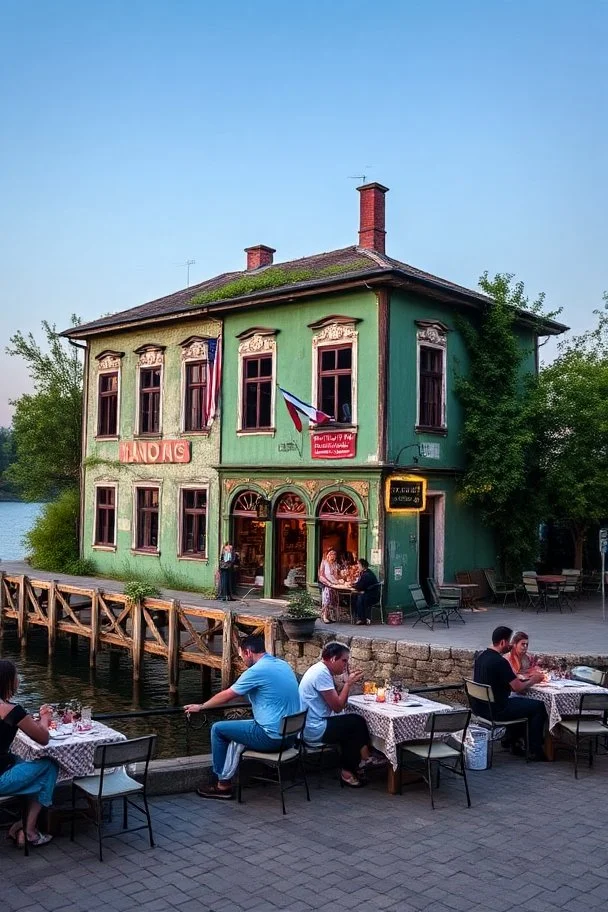People sitting on tables having diner in front An old abandoned building with green walls by the lake