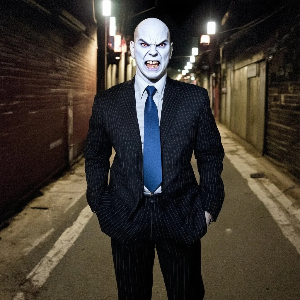 very grainy discolored 2000s photo, closeup portrait, dark night alley with no lights, grunge, extremely gaunt male with chalk-white skin wearing a striped suit with a blue tie, angry, imposing, fiery look in the eyes, bruja, biker