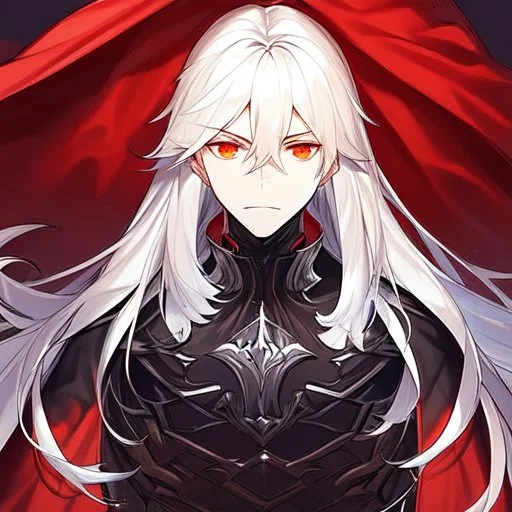 Vampire knight, young man, long white hair, black full plate armor, red cape