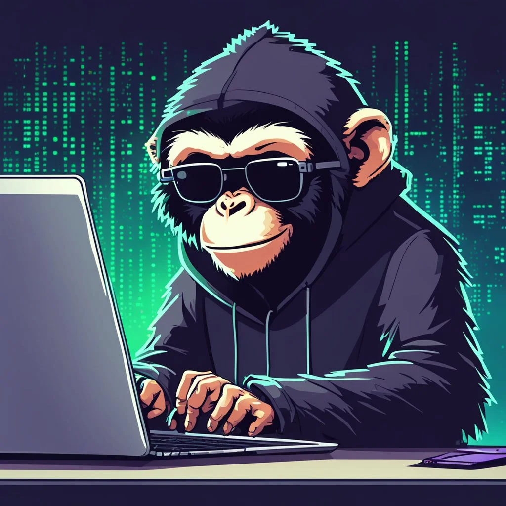 A grinning Monkey sitting in front of a laptop, hacking systems, wearing a hoodie and sunglasses. Matrix in background. Pixel Art. Profile Picture. Avatar. Pixel