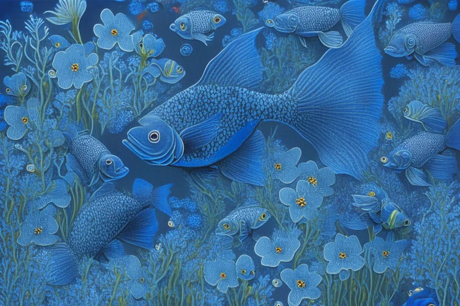 fish swimming in a garden of blue flowers, dark blue, detailed photo