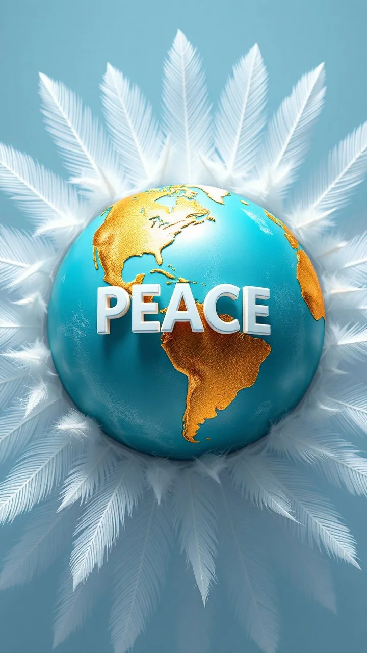 hundred azure colored in white feathers of planet earth in golden center texture with word “ PEACE “ in 3D white colour