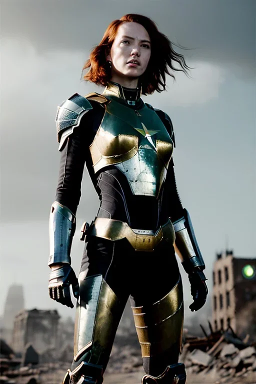 ultrarealistic, ruined city,__skimpy sci-fi armor__, __angles__, 19 year old woman, strikingly beautiful, ginger hair, silver colour, [__starlets__|__starlets__], (pale __skincolor__ skin:1.2), __camera__ __hair__, detailed face and eyes, c-cup breasts, leather choker, freckles, dynamic pose, resolved expression, __accessory__, strappy outfit, (straps:1.1), sword in scabard on left hip, (buckles, buttons, snaps, rings:1.0), haltertop style breastplate, detailed eyes, plump lips, fantasy theme