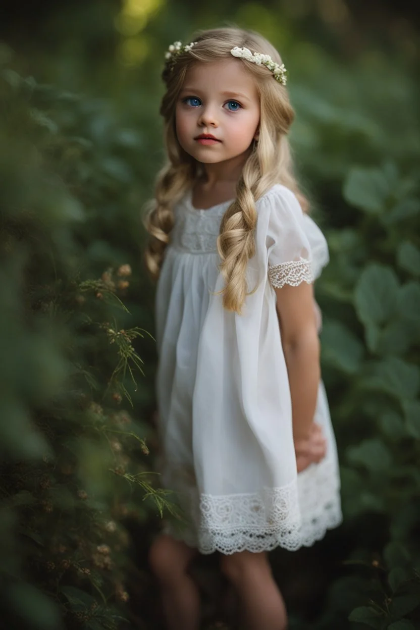 girl small in stature Her features were soft, and her blonde hair framed her petite face.she wore was a thin white nightdress, which ended just above her knees. green/blue eyes