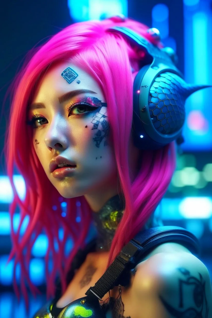 japan mermaid cyberpunk some scales on face pink hair