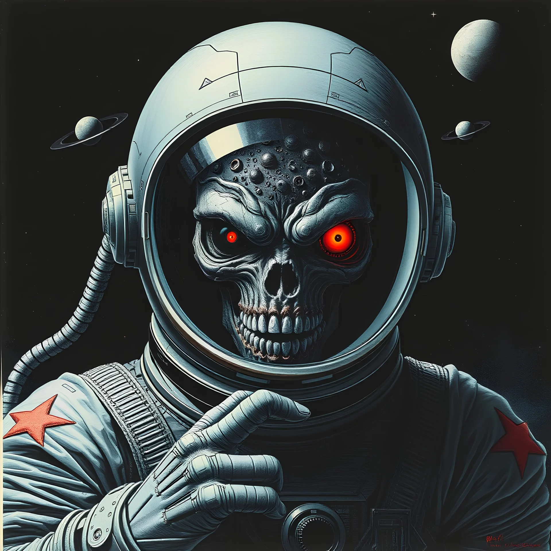 astronaut zombie, regressive overlapping timeline, horror art, by Arthur Secunda and HR Giger, by Wes Benscoter, mind-bending illustration; dramatic and ominous, asymmetric, Braille language glyphs, abstract cosmic horror,