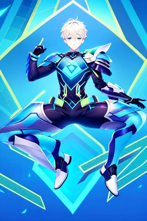 neon blue, flying parts of armor in form of triangles, cyber armor, geometric patterns on armor, male, orbiting triangle