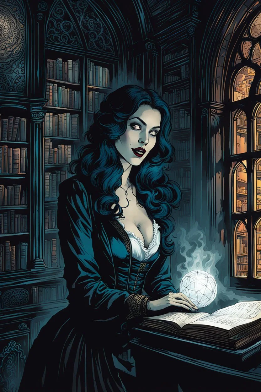 create a fine art print illustration of the spectral shade of a seductive, 13th century Jewish female vampire fortuneteller, clothed in an ornate but ragged bliaud with highly detailed feminine facial features, in a ruined library in the old city of Krakow, shrouded in a fetid mist at midnight , in the comic book art style of Bill Sienkiewicz, and Jean Giraud Moebius, finely textured, drawn, colored, and inked