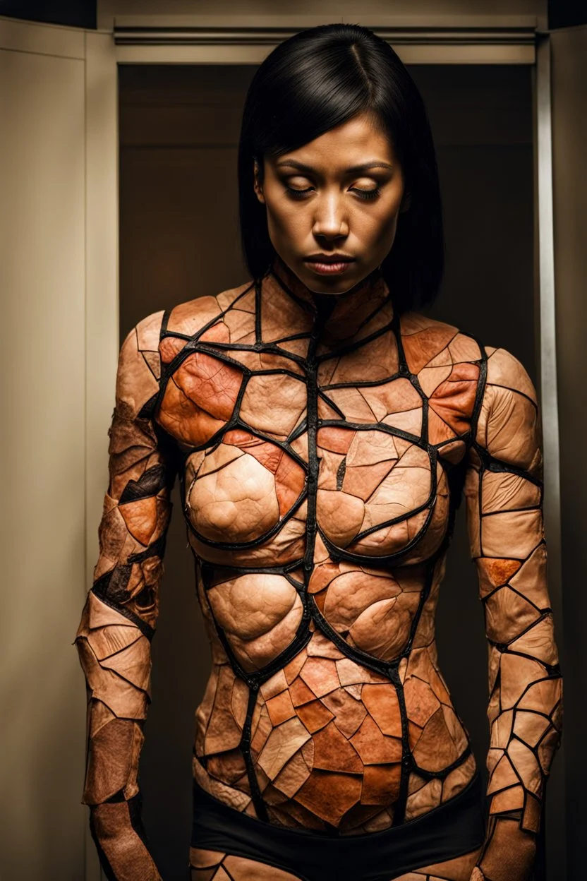 a terrifying human body patchwork sewn of human skin. horror setting.