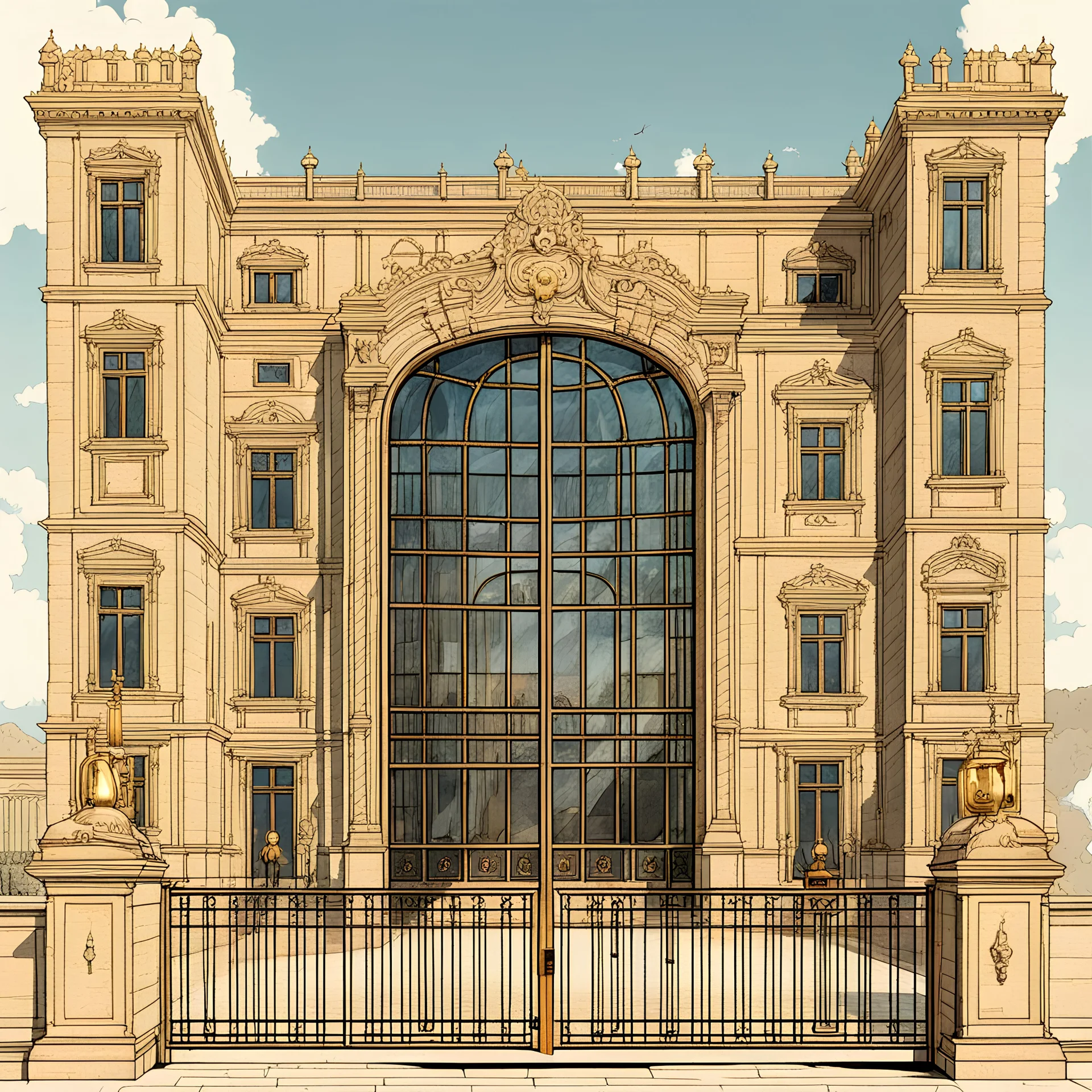 a glass walled palace with a a big lock in the main door