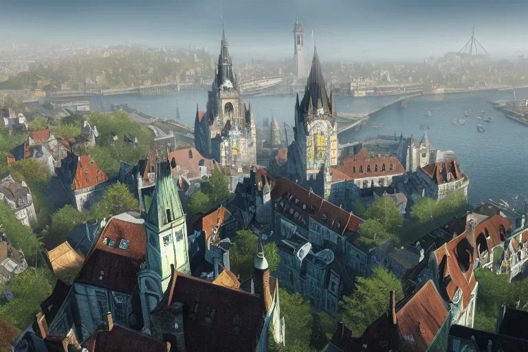 Insland+Quebec city hill+Bruges canal+bridges+corner building on hill+Gothic city+BioShock+Dishonored+Bloodborne +trieste+Edinburgh+Chicago+victorian London+decòpunk Skyscraper+ +steampunk+biopunk+alphonse mucha, greg rutkowski,matte painting, cryengine, hyper detailed, felix kelly, fantasy art, seb mckinnon